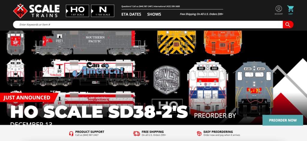 A screenshot of the Scale Trains home page