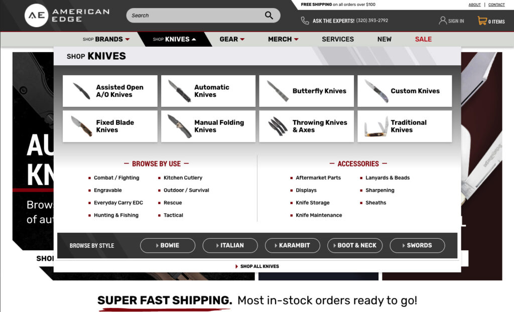 American Edge Knives Mega Menu