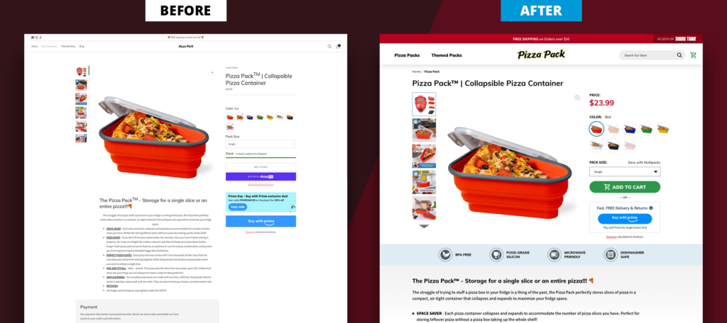 Pizza Pack Product Page Before and After